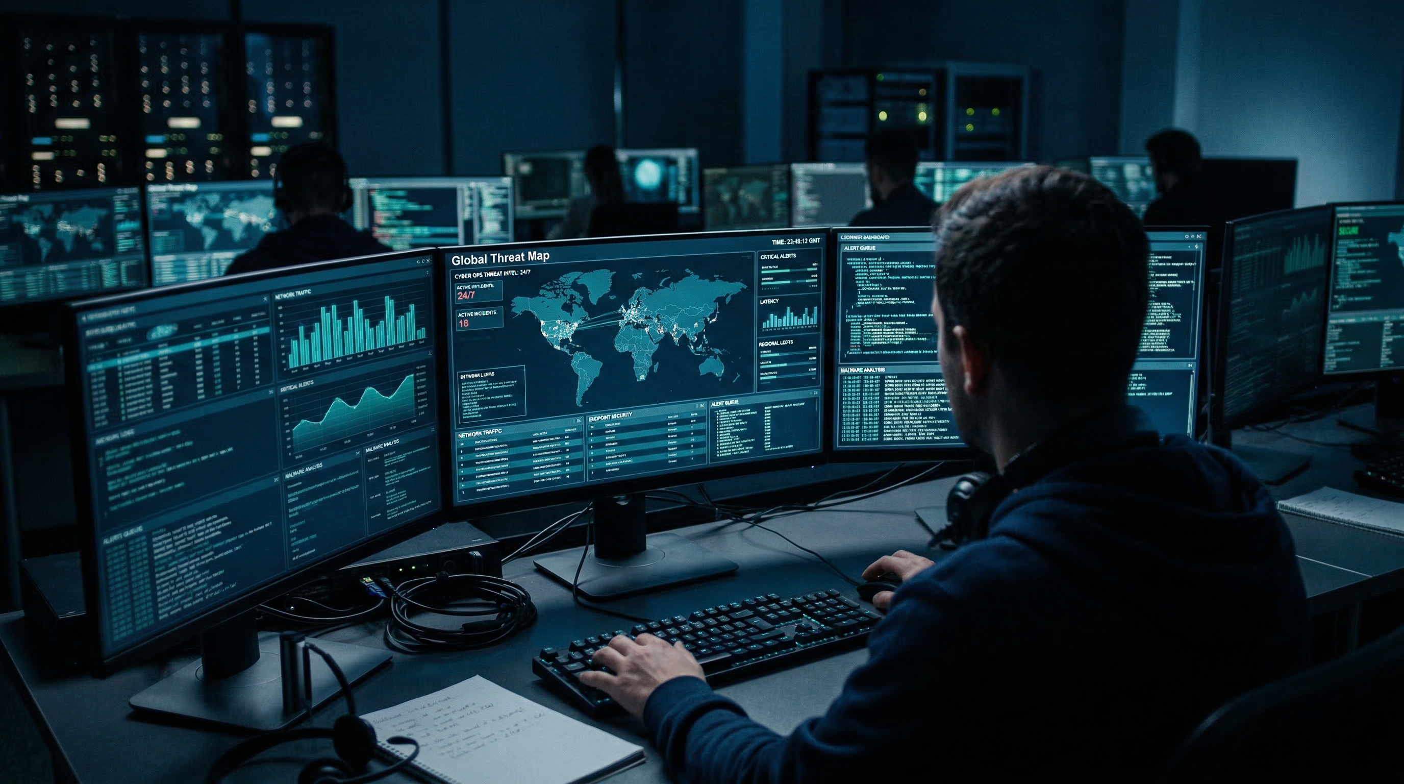 Professional working in a cybersecurity operations center